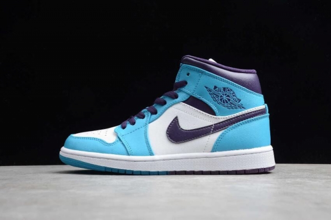 Women's | Air Jordan 1 Mid Blue Lagoon Grand Purple White Basketball Shoes