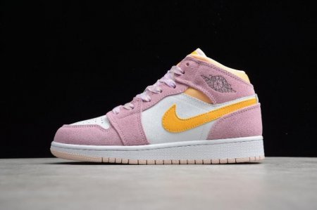 Women's | Air Jordan 1 Mid SE GS LT Arctic Pink University Gold Basketball Shoes