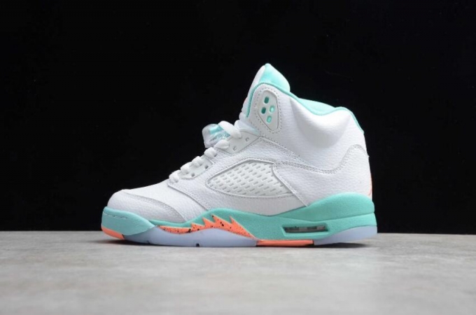 Men's | Air Jordan 5 Retro GS White Crimscn Pulsc Light Aqua Basketball Shoes