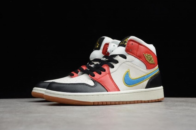 Women's | Air Jordan 1 Mid SE Rice White Red Black Blue Basketball Shoes