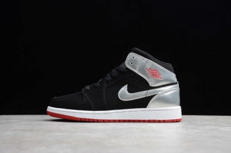 Women's | Air Jordan 1 Mid Black Gym Red Metallic Silver Basketball Shoes