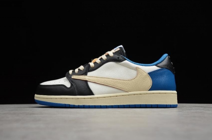 Women's | Fragment x Travis Scott x Air Jordan 1 Retro Low Sail White Black Miltry Blue Basketball Shoes