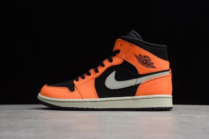 Men's | Air Jordan 1 Mid SE Black Orange Cone Light Bone Basketball Shoes