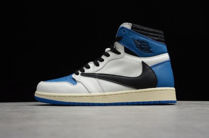 Women's | Travis Scott x Fragment x Air Jordan 1 Retro High OG White Black Military Blue Basketball Shoes