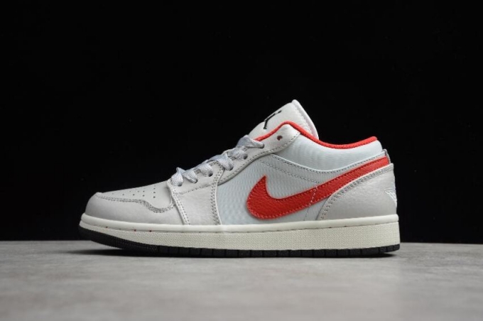 Women's | Air Jordan 1 Low PRM GS Metallic Silver Red Tumbled Leather Swooshes Basketball Shoes