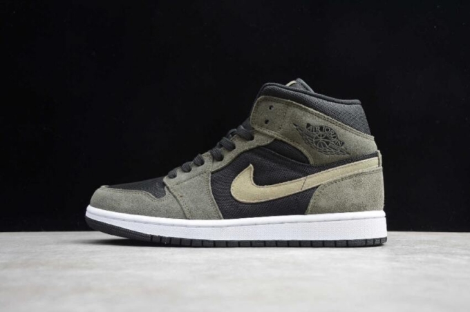 Women's | Air Jordan 1 Mid Black Trooper Sequoia Basketball Shoes