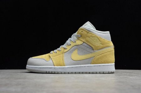 Women's | Air Jordan 1 Mid Grey Fog Lemon Wash White Basketball Shoes