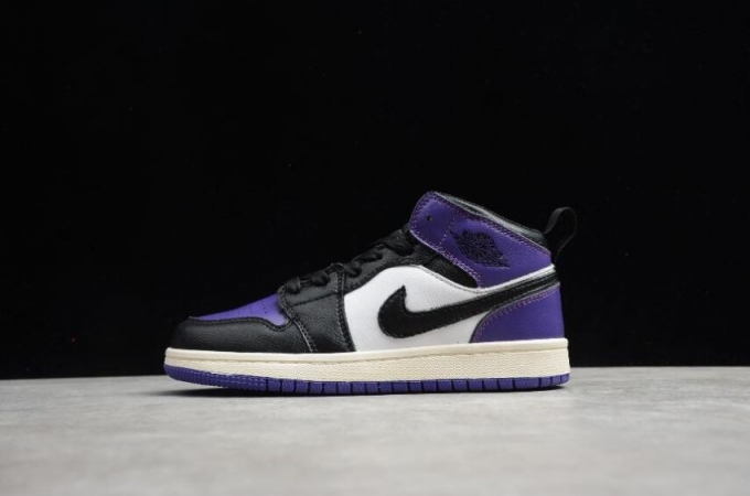 Kids | Air Jordan 1 Mid Black Purple White Basketball Shoes