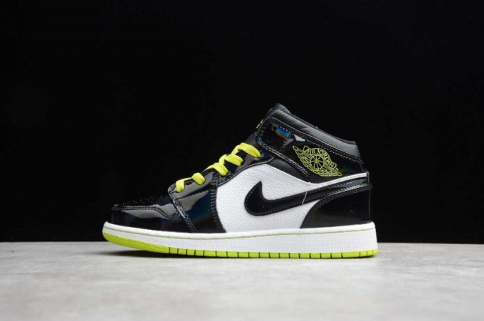 Women's | Air Jordan 1 Mid SE GS Black Cyber White Mystic Green Basketball Shoes