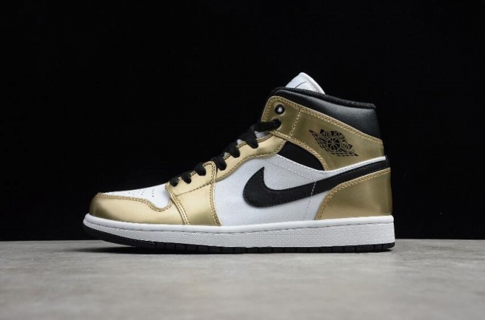 Women's | Air Jordan 1 Mid Metallic Gold Black White Basketball Shoes