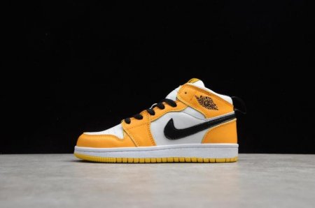 Kids | Air Jordan 1 Mid Laker White Yellow Black Basketball Shoes