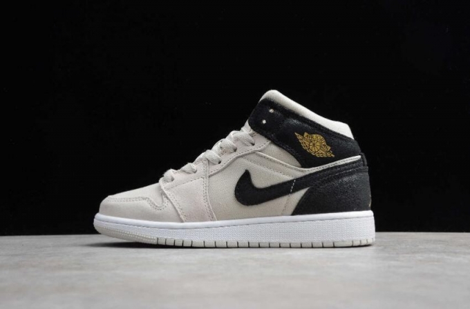 Men's | Air Jordan 1 Mid BG Light Bone Metallic Gold Black Basketball Shoes