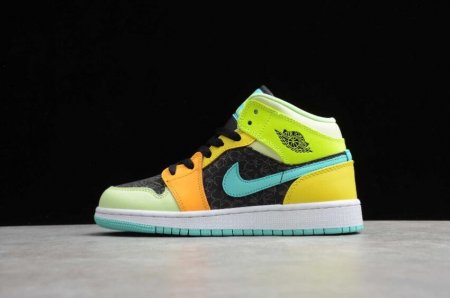 Men's | Air Jordan 1 Mid SE GS Black Aurora Green Opti Yellow Basketball Shoes