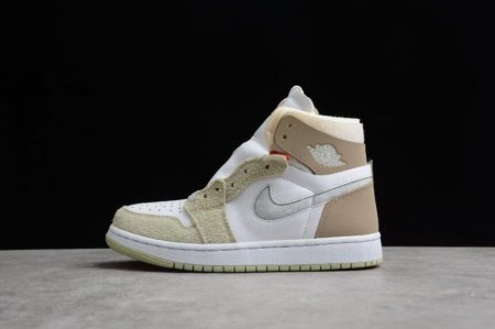 Women's | Air Jordan 1 Zoom Air Cmft White Grey Heather Olive Aura Shoes Basketball Shoes