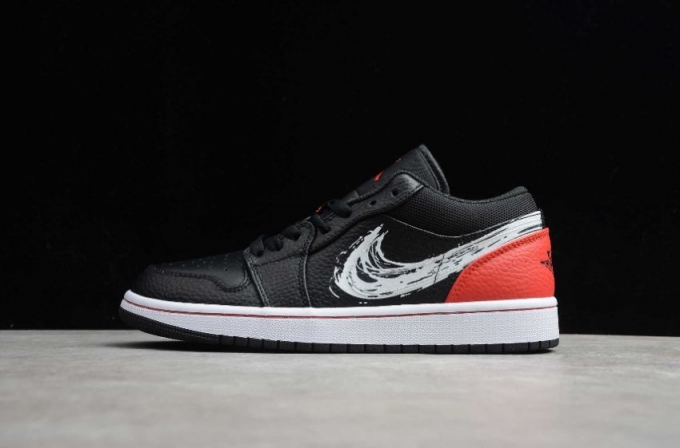 Men's | Air Jordan 1 Low SE Brushstroke Swoosh Black Red Basketball Shoes