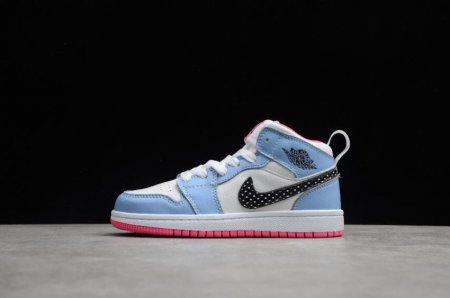 Kids | Air Jordan 1 Mid White Blue Pink Basketball Shoes