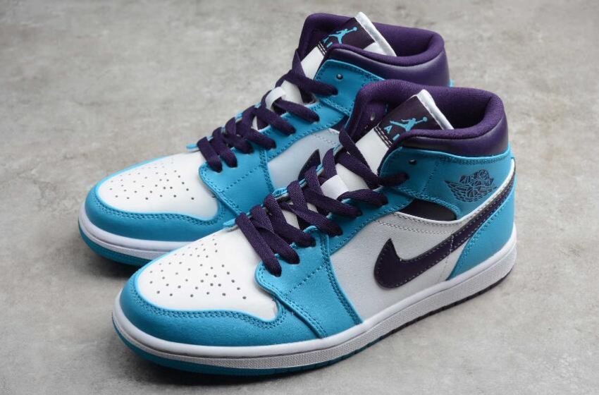 Women's | Air Jordan 1 Mid Blue Lagoon Grand Purple White Basketball Shoes