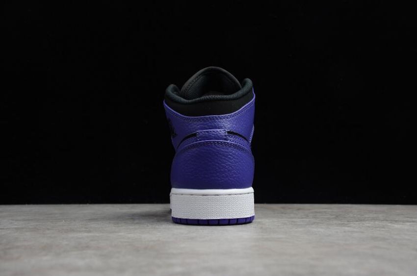 Women's | Air Jordan 1 Mid GS Black Purple Dark Concord White Basketball Shoes