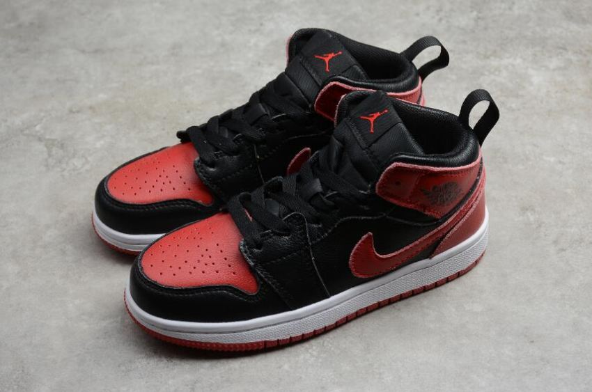 Kids | Air Jordan 1 Mid Red Black White Basketball Shoes