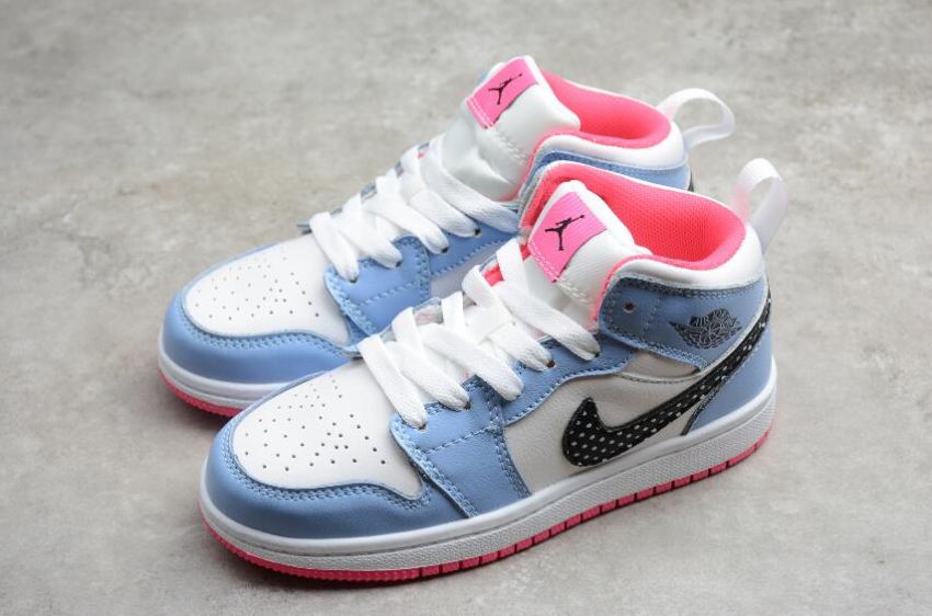 Kids | Air Jordan 1 Mid White Blue Pink Basketball Shoes